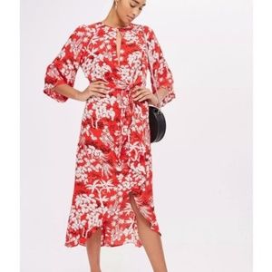 Topshop Oriental Fern Knotted Midi Dress Red 90’s Vibes Y2K Flowy Faux Wrap Sz 6